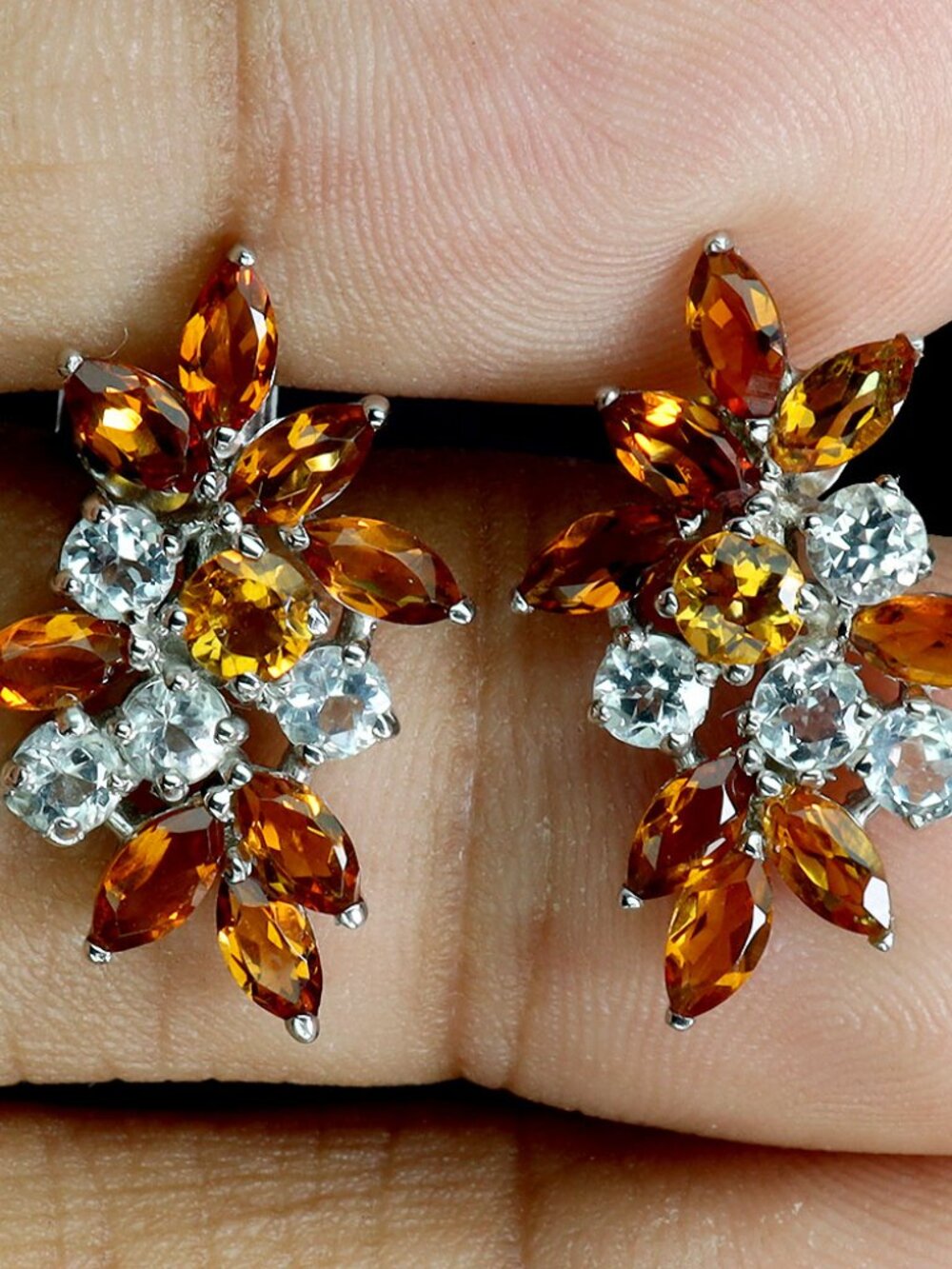14K white gold/ 925 silver genuine citrine and aquamarine cluster earrings NEW